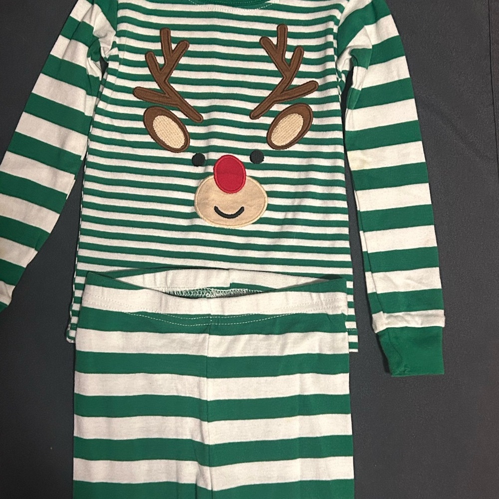 Festive Green and White Striped Reindeer Pajama Set